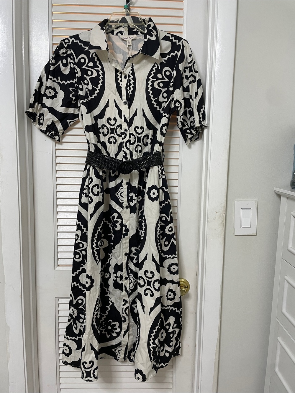 Black & White Patterned Shirt Dress with Belt